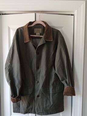 VTG L.L. Bean Olive Green Field Coat Brown Corduroy Collar Chore Barn Jacket L